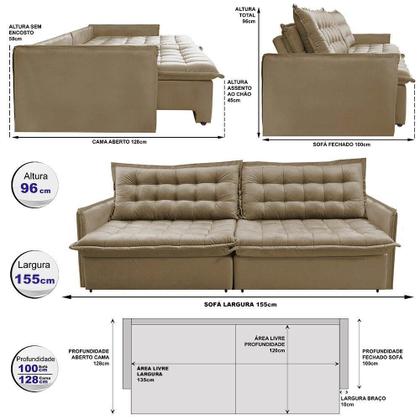 Imagem de Sofá Sem Caixa Retrátil e Reclinável 1,55m Cama inBox Versátil Suede Velusoft Bege