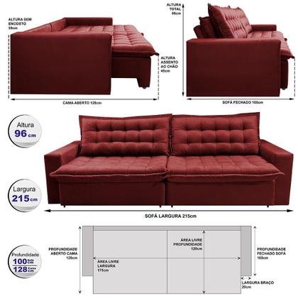 Sofá Sem Caixa Retrátil Reclinável 2,15m Cama inBox França Velusoft Vermelho Imagem de Sofá Sem Caixa Retrátil Reclinável 2,15m Cama inBox França Velusoft Vermelho