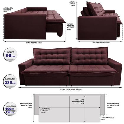 Sofá Sem Caixa Retrátil Reclinável 2,35m Cama inBox França Velusoft Vinho Imagem de Sofá Sem Caixa Retrátil Reclinável 2,35m Cama inBox França Velusoft Vinho