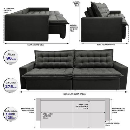 Sofá Sem Caixa Retrátil Reclinável 2,75m Cama inBox França Velusoft Cinza Imagem de Sofá Sem Caixa Retrátil Reclinável 2,75m Cama inBox França Velusoft Cinza