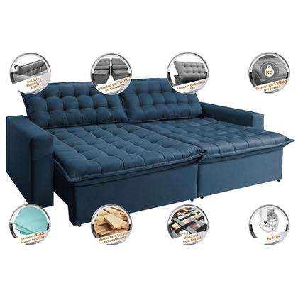 Sofá Sem Caixa Retrátil Reclinável 2,95m Cama inBox França Velusoft Azul Imagem de Sofá Sem Caixa Retrátil Reclinável 2,95m Cama inBox França Velusoft Azul