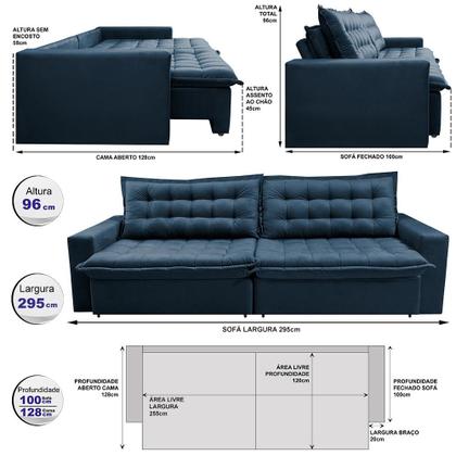 Sofá Sem Caixa Retrátil Reclinável 2,95m Cama inBox França Velusoft Azul Imagem de Sofá Sem Caixa Retrátil Reclinável 2,95m Cama inBox França Velusoft Azul
