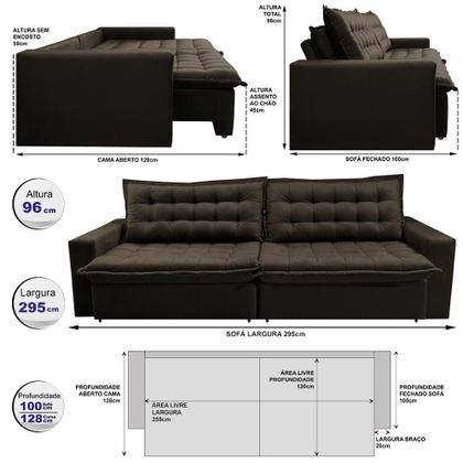 Sofá Sem Caixa Retrátil Reclinável 2,95m Cama inBox França Velusoft Café Imagem de Sofá Sem Caixa Retrátil Reclinável 2,95m Cama inBox França Velusoft Café