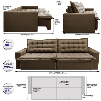 Sofá Sem Caixa Retrátil Reclinável 2,95m Cama inBox França Velusoft Castor Imagem de Sofá Sem Caixa Retrátil Reclinável 2,95m Cama inBox França Velusoft Castor