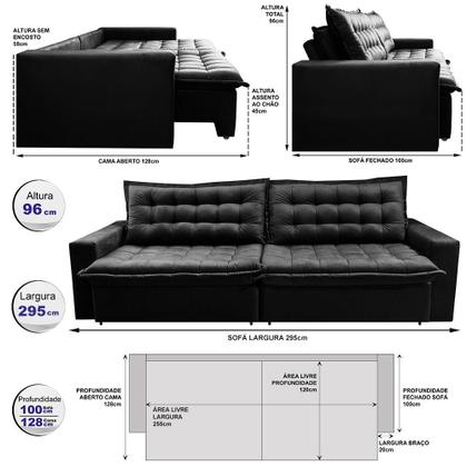 Sofá Sem Caixa Retrátil Reclinável 2,95m Cama inBox França Velusoft Preto Imagem de Sofá Sem Caixa Retrátil Reclinável 2,95m Cama inBox França Velusoft Preto
