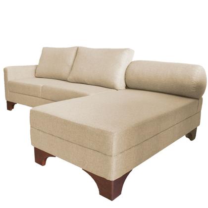 Imagem de Sofá Suécia com Chaise Direita Base em Madeira Linho Bege