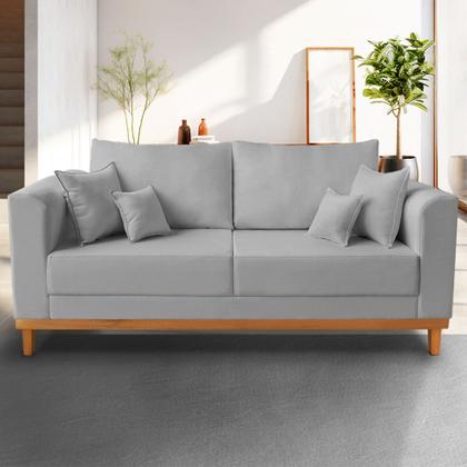 Imagem de Sofá Viena Beny 03 Lugares Com Base de Madeira Linho Cinza