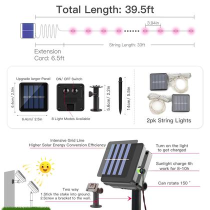 Imagem de Solar String Lights suddus Pink 20m 200 LED, 8 modos, pacote com 2