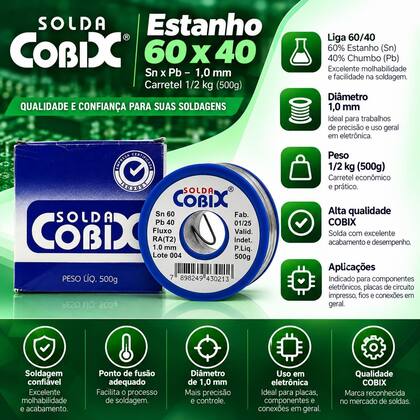 Imagem de Solda em Fio 60x40 Estanho e Chumbo SN/PB Fusão 198C 1,0mm 500g Cobix
