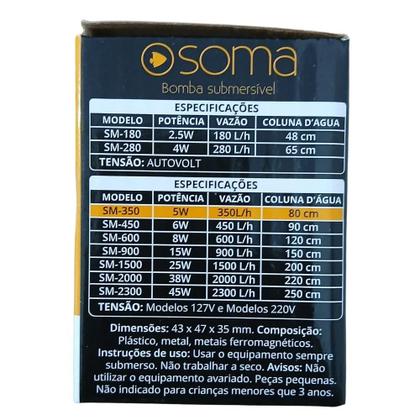 Imagem de Soma Bomba Submersa 350l/h SM-350 Aquário Fonte