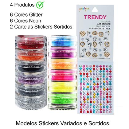 Imagem de Sombra Neon 6 Cores Luz Negra + Glitter 6 Cores Sortidas + Face Jewels - Maquiagem Carnaval Festa Balada Halloween