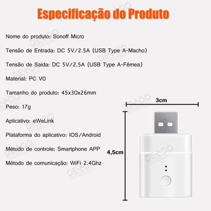 Imagem de Sonoff Micro Usb 5v Wifi Adaptador Inteligente App Ewelink Android Ios Automação