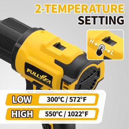 Imagem de Soprador Térmico Sem Fio FULLYEA, Máx 550C (1022F), Leve com 5 Bicos e 2 Baterias de 4.0Ah, Kit Portátil para Tubulação Termorretrátil, Envelopamento em PVC, Artesanato (Amarelo)