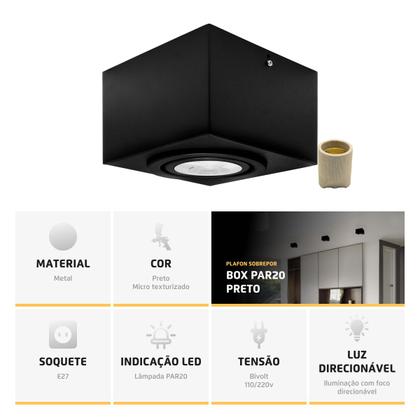 Imagem de Spot Plafon Sobrepor Box Quadrado Par20 Preto + Led 7w Branco Quente