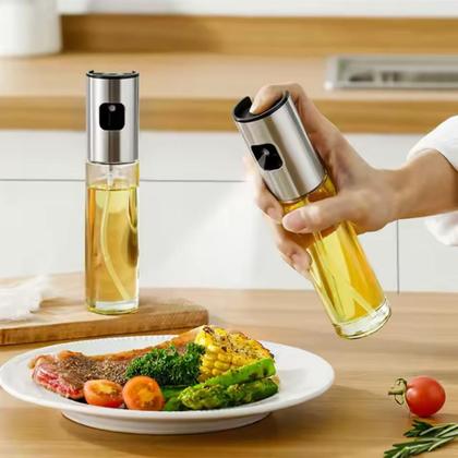 Imagem de Spray Borrifador De Azeite Vinagre Oleo Shoyu Pulverizador de Vidro de 100ml Galheteiro Porta Tempero Culinário Cozinha Gourmet Multiuso Aço Inox