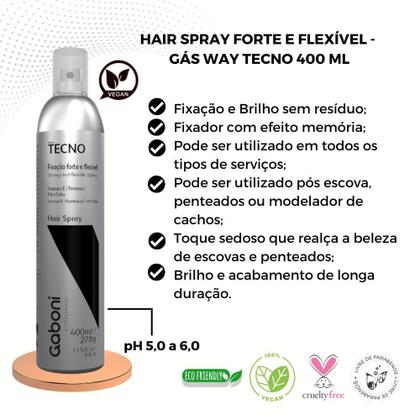 Imagem de Spray Fixador de Cabelo Forte e Flexível Com Filtro Solar Tecno Gas Way 400ml Gaboni Professional