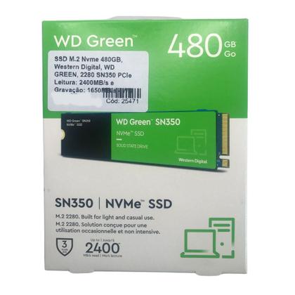 SSD M.2 Nvme 480GB, Western Digital, WD GREEN, 2280 SN350 PCIe Leitura: 2400MB/s e Gravação: 1650MB/s - WD S480G2G0C Imagem de SSD M.2 Nvme 480GB, Western Digital, WD GREEN, 2280 SN350 PCIe Leitura: 2400MB/s e Gravação: 1650MB/s - WD S480G2G0C