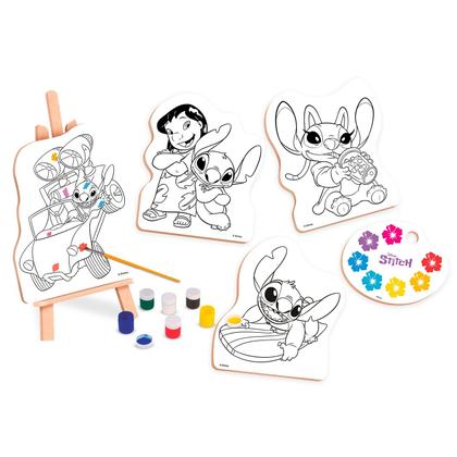 Imagem de Stitch Disney Brinquedo Educativo Com Tela Para Pintar Tinta Guache e Mini Cavalete