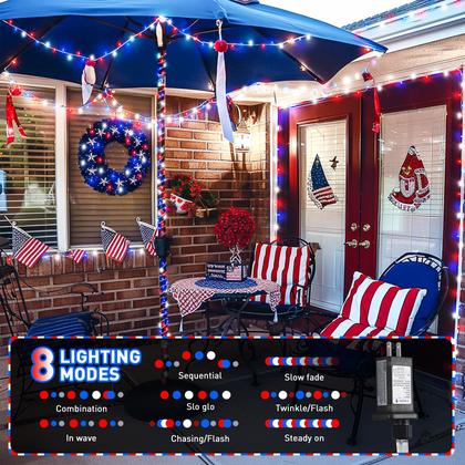 Imagem de String Lights JMEXSUSS Vermelho Branco Azul 66m 200 LED 4 de julho