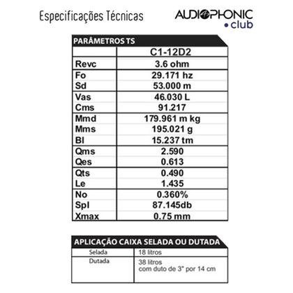 Imagem de Subwoofer 12 Polegadas Audiophonic Club C112 D2 400W RMS Bobina Dupla 22 Ohms HiFi Grave Pesado