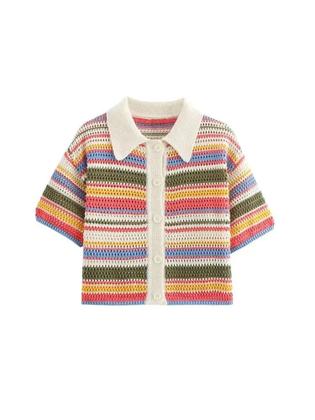 Imagem de Suéter Cropped De Crochê Listrado Feminino Com Gola Polo E Manga Curta, Botões, Estilo Chic
