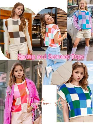 Imagem de Suéter curto para meninas Seiciviy Color Block Apricot 7-14y