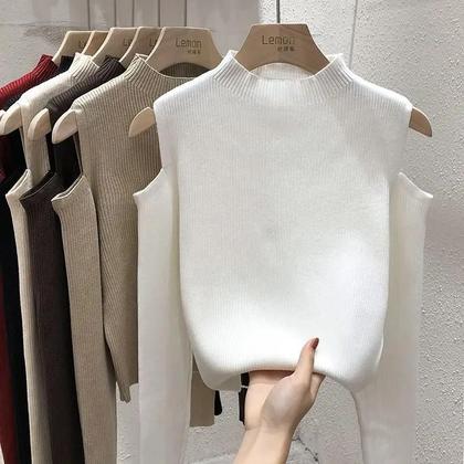 Imagem de Suéter Feminino De Tricô Com Manga Longa E Gola Alta, Pulôver Off-Shoulder
