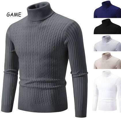 Imagem de Suéter Masculino de Lã Tricotado - Gola Alta, Quente e Casual para Inverno