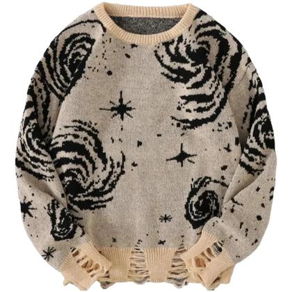 Imagem de Suéter Masculino Moderno Com Estampa De Céu Estrelado Rasgado, Gola Redonda, Tricô, Estilo Casual