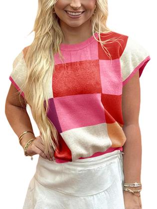 Imagem de Suéter Saodimallsu feminino de manga curta, bloco colorido