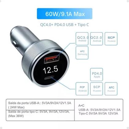 Imagem de Super Carregador Veicular 60w Turbo Usb / Usb-c CJ12-4