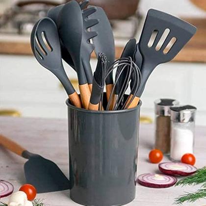 Imagem de Super Jogo Colheres Conjunto Talheres Preto kit utensílios de cozinha jogo completo 12 peças silicone resistente- PRETO