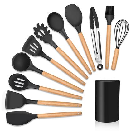 Imagem de Super Jogo Colheres Conjunto Talheres Preto kit utensílios de cozinha jogo completo 12 peças silicone resistente- PRETO
