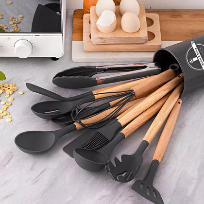 Imagem de Super Jogo Colheres Conjunto Talheres Preto kit utensílios de cozinha jogo completo 12 peças silicone resistente- PRETO