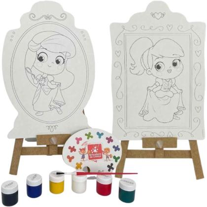 Imagem de Super Kit Pintura Princesas C/ 4 Telas + Cavalete + 6 Tintas