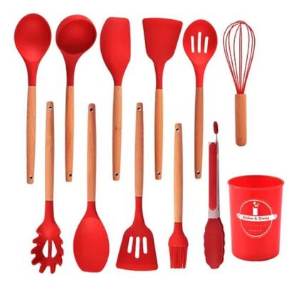 Imagem de Super Kit Talheres Silicone Com Cabo De Madeira Kit Cozinha 12 Peças - VERMELHO