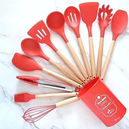 Imagem de Super Kit Talheres Silicone Com Cabo De Madeira Kit Cozinha 12 Peças - VERMELHO