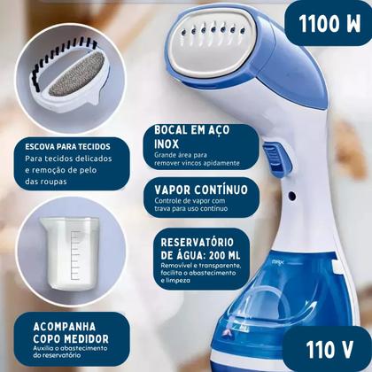 Imagem de Super Vaporizador 1100W, Jato de Vapor Contínuo, Higieniza e Desamassa, Reservatório 220ml, Leve e Portátil  110V
