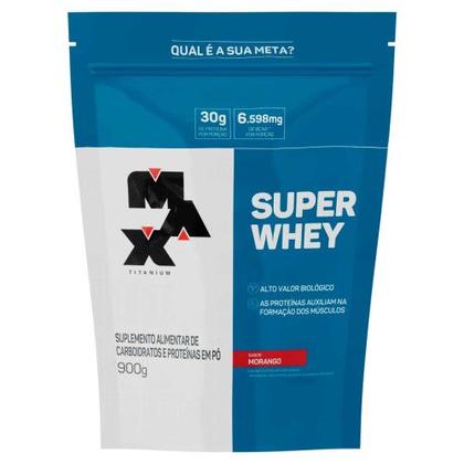 Imagem de Suplemento Alimentar de Carboidratos e Proteínas em Pó Morango Max Titanium Super Whey 900g Refil