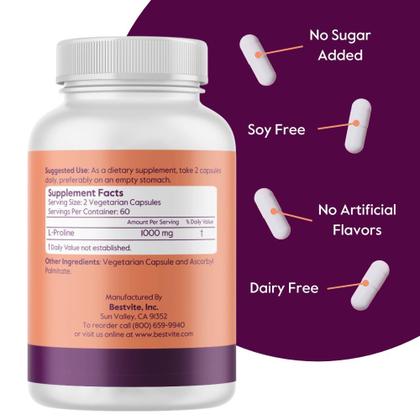 Imagem de Suplemento BESTVITE L-prolina 500mg (120 cápsulas) vegano
