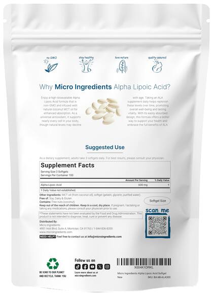 Imagem de Suplemento de microingredientes: ácido alfa lipóico 600 mg, 300 cápsulas gelatinosas