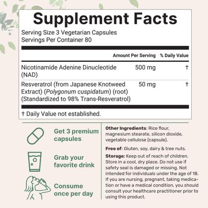 Imagem de Suplemento de microingredientes NAD+ 500 mg com resveratrol 240 cápsulas