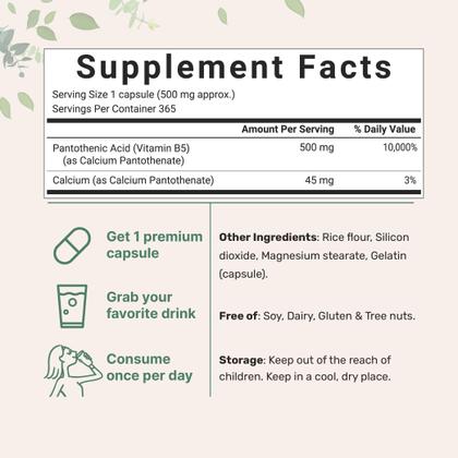 Imagem de Suplemento: microingredientes: ácido pantotênico, vitamina B5, 500 mg, 365 cápsulas