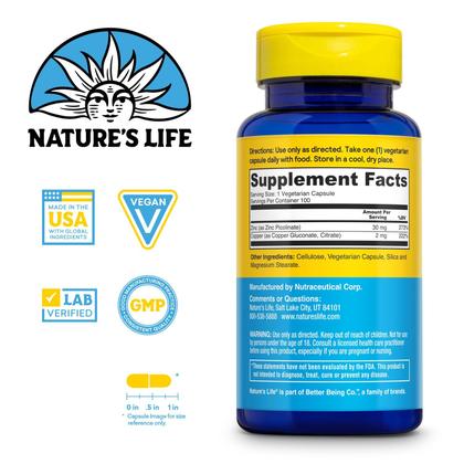 Imagem de Suplemento Nature's Life de picolinato de zinco 30 mg com 2 mg de cobre