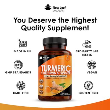 Imagem de Suplemento New Leaf Turmeric em comprimidos de 2600 mg com pimenta preta e gengibre