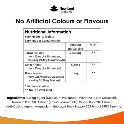 Imagem de Suplemento New Leaf Turmeric em comprimidos de 2600 mg com pimenta preta e gengibre
