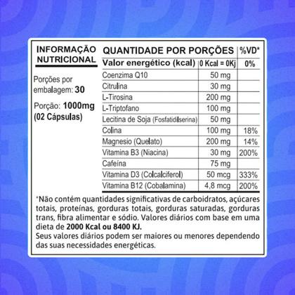 Imagem de Suplemento Nootrópico para Foco e Energia com 11 Ativos 60 Cápsulas