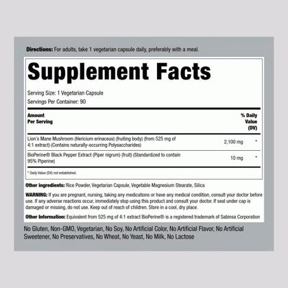 Imagem de Suplemento Piping Rock, Lions Mane Cogumelo 2.100 mg 90 Cápsulas Vegetarianas  Extrato Concentrado