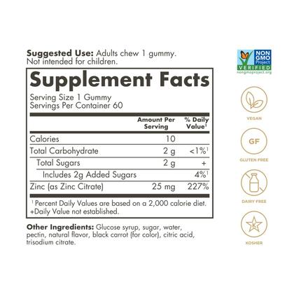 Imagem de Suplemento SOLGAR Zinc Gummies, vitamina para adultos, 25 mg, 60 porções