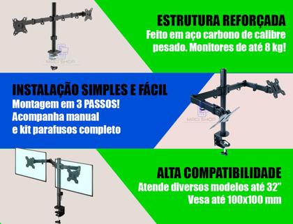 Imagem de Suporte 2 Monitores Tv 13 a 32 Articulado de Mesa Aço Duplo Braço Ajustável Vesa Monitor 32 Polegadas